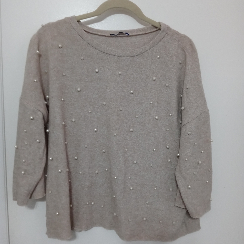 Zara Trafaluc 1/2 Sleeve Pullover Oatmeal Sweater With Pearl Accents All Over Ft
